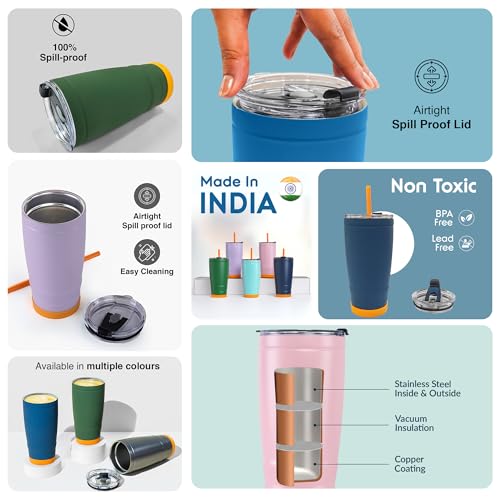 Headway by rabitat REO Insulated Stainless Steel Tumbler 500 ml | Double Wall Vacuum Travel Mug | Hot & Cold | Flip-Open Straw Sipper | Leak Proof Flask for Office, Gym, Travel | Ocean Mist - Image 3