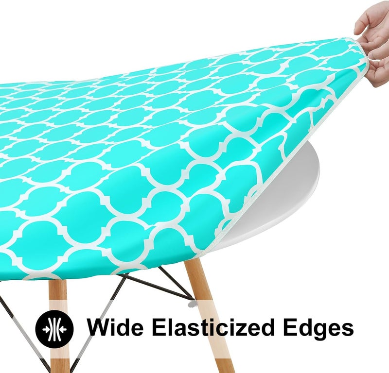 smiry Round Picnic Tablecloth, Waterproof Elastic Fitted Table Covers for 31" - 35" Tables, Wipeable Flannel Backed Vinyl Tablecloths for Camping, Indoor, Outdoor, Teal & White - Image 3