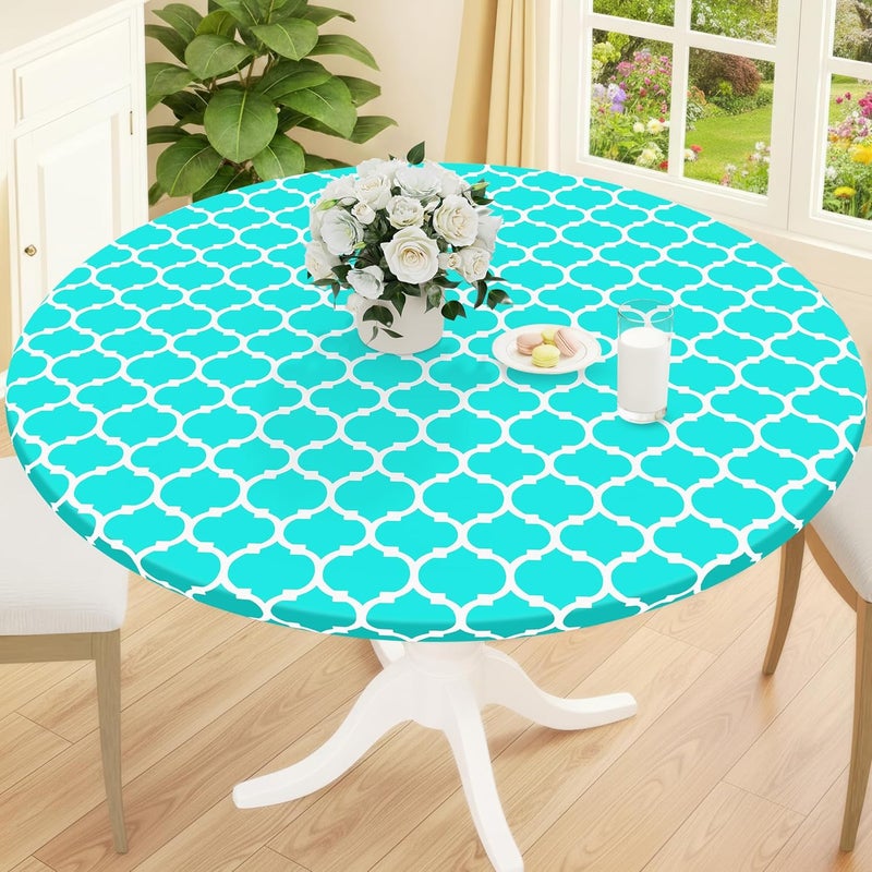 smiry Round Picnic Tablecloth, Waterproof Elastic Fitted Table Covers for 31" - 35" Tables, Wipeable Flannel Backed Vinyl Tablecloths for Camping, Indoor, Outdoor, Teal & White - Image 1