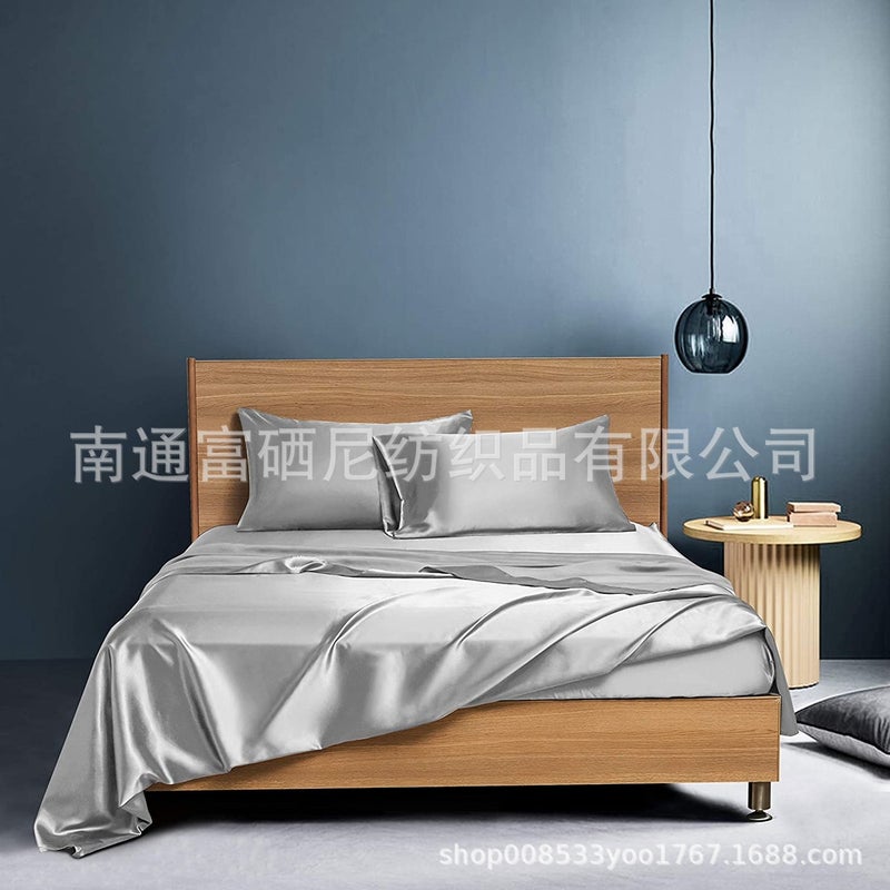 Satin Imitation Silk Four-Piece Bedding Set (Bed Sheet, Fitted Sheet, Pillowcases) Sheet Set Temu Tk Dropshipping - Image 1