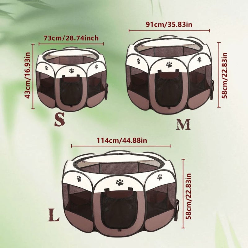 Foldable Octagonal Pet Fence Dog Crate Coffee Color 3 In 1 Play Feed Rest - Image 3