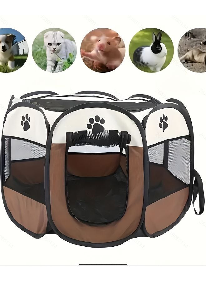 Foldable Octagonal Pet Fence Dog Crate Coffee Color 3 In 1 Play Feed Rest - Image 1