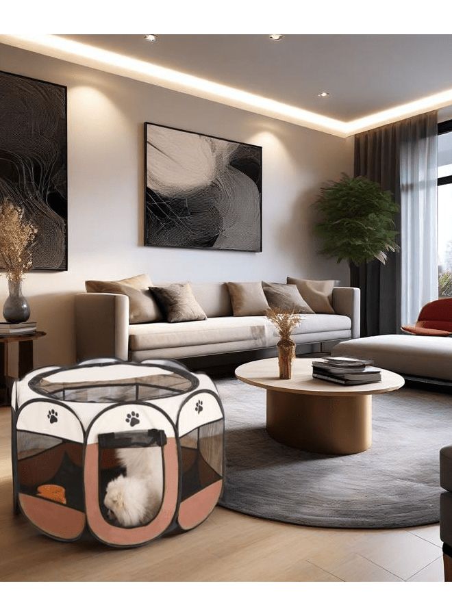 Foldable Octagonal Pet Fence Dog Crate Coffee Color 3 In 1 Play Feed Rest - Image 5