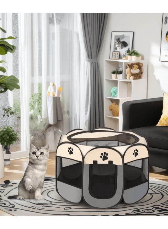 Foldable Octagonal Pet Fence Dog Crate Coffee Color 3 In 1 Play Feed Rest - Image 4