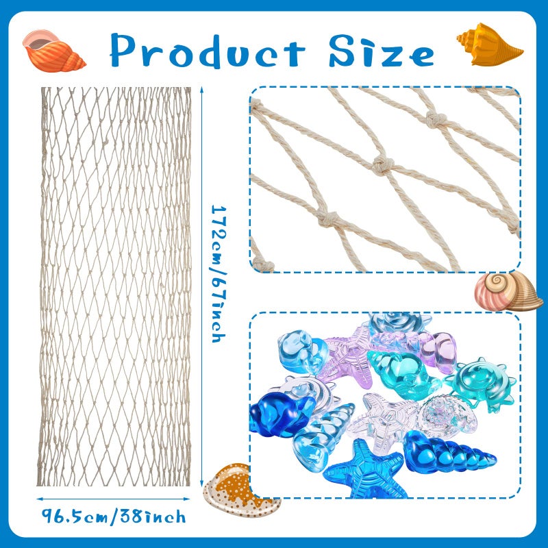 Tudomro Mermaid Fishing Net Decor 2 Pack Table Runner Wall 2 Pack Ocean Toy Gem Hanging Fishnet for Party Decor 38 x 67 Inch Beach Ocean Themed Netting Toys for Nautical Party Accessory2 Set - Image 3