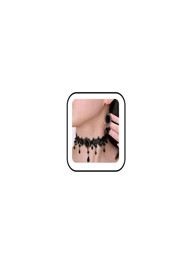 MarveBard Gothic Vampire Choker Necklace Earrings Set Vintage Black Lace Hollow out Necklace Victoria Style Black Red Pink Crystal Glass Cameo Pendant Necklace Earrings Set Halloween Mysterious Witch Vampire Jewelry (Black) - Image 1
