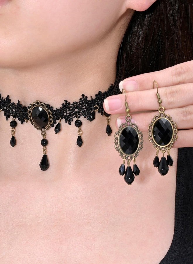 MarveBard Gothic Vampire Choker Necklace Earrings Set Vintage Black Lace Hollow out Necklace Victoria Style Black Red Pink Crystal Glass Cameo Pendant Necklace Earrings Set Halloween Mysterious Witch Vampire Jewelry (Black) - Image 3