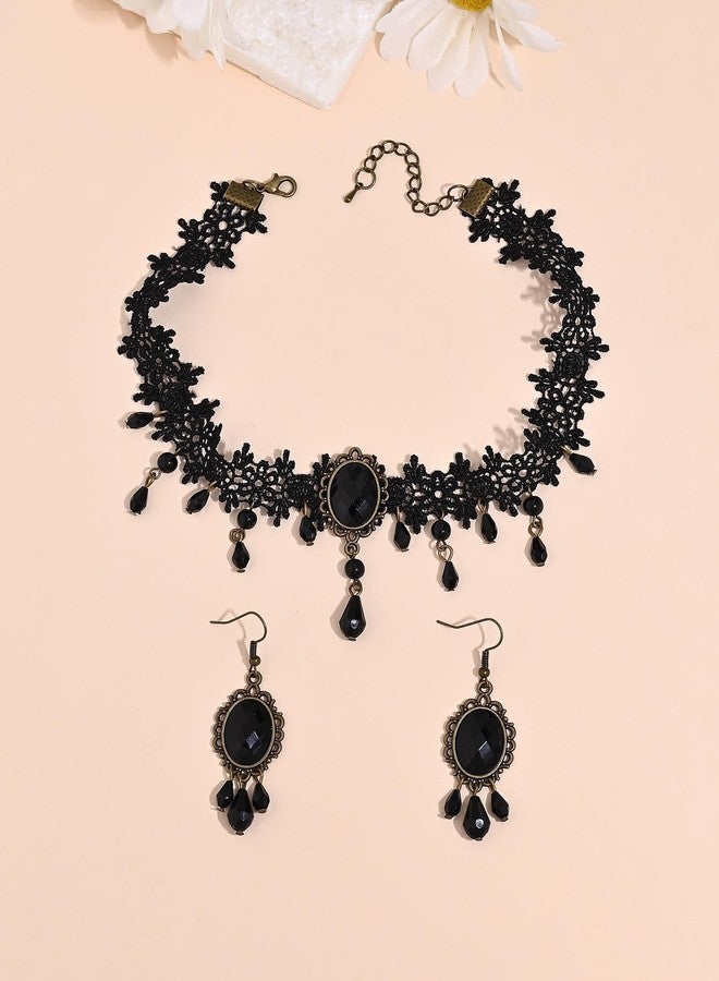 MarveBard Gothic Vampire Choker Necklace Earrings Set Vintage Black Lace Hollow out Necklace Victoria Style Black Red Pink Crystal Glass Cameo Pendant Necklace Earrings Set Halloween Mysterious Witch Vampire Jewelry (Black) - Image 4