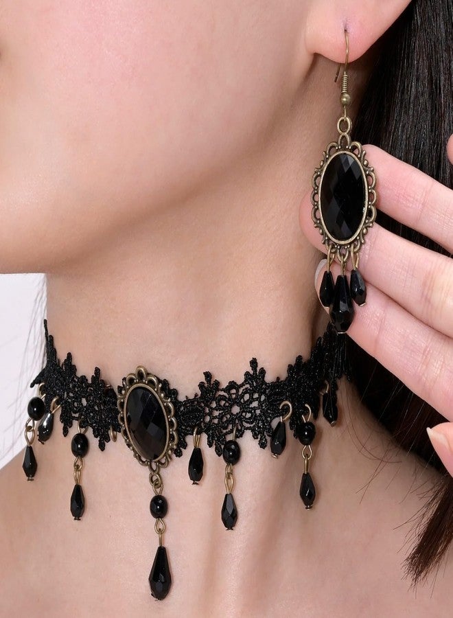 MarveBard Gothic Vampire Choker Necklace Earrings Set Vintage Black Lace Hollow out Necklace Victoria Style Black Red Pink Crystal Glass Cameo Pendant Necklace Earrings Set Halloween Mysterious Witch Vampire Jewelry (Black) - Image 2