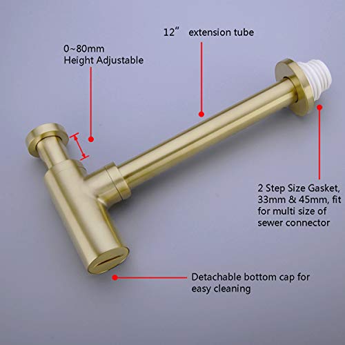 TRUSTMI Bottle Trap, Brass Decorative 1 1/4 Bathroom Sink P Trap, Large Body Round Lavatory Waste Drain Kit, Brushed Gold - Image 4