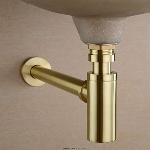 TRUSTMI Bottle Trap, Brass Decorative 1 1/4 Bathroom Sink P Trap, Large Body Round Lavatory Waste Drain Kit, Brushed Gold - Image 2
