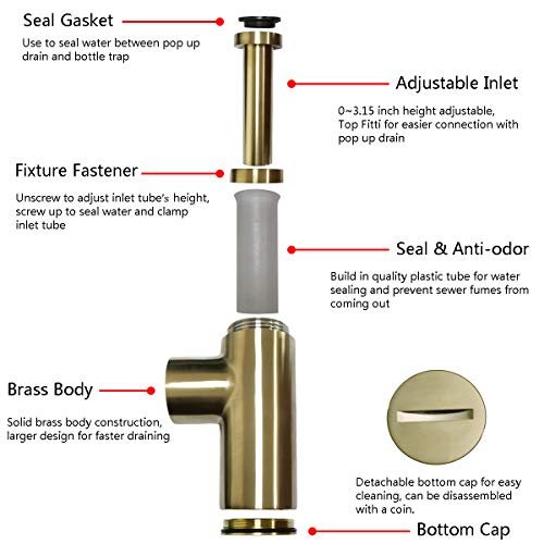 TRUSTMI Bottle Trap, Brass Decorative 1 1/4 Bathroom Sink P Trap, Large Body Round Lavatory Waste Drain Kit, Brushed Gold - Image 3