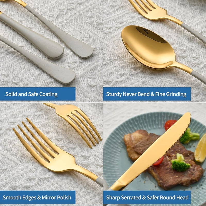 Moxinox 20-Piece Off white & Gold Silverware Set, 18/0 Stainless Steel Colorful Handle Flatware Set,Service for 4,Modern Cutlery Set Includes Dinner Knives Forks Spoons,Mirror Polished,Dishwasher Safe - Image 5