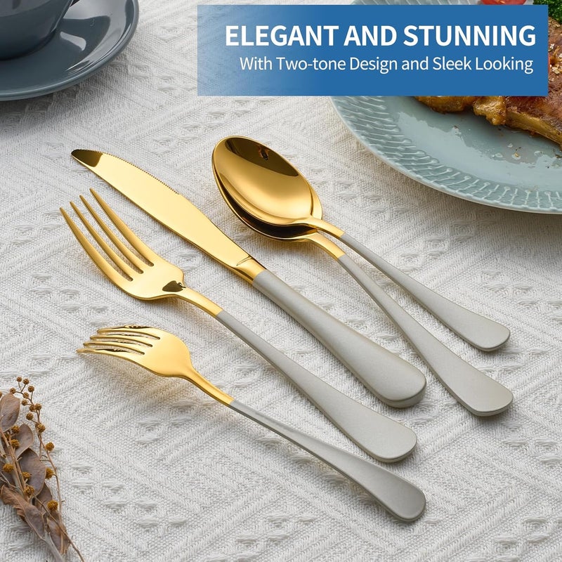 Moxinox 20-Piece Off white & Gold Silverware Set, 18/0 Stainless Steel Colorful Handle Flatware Set,Service for 4,Modern Cutlery Set Includes Dinner Knives Forks Spoons,Mirror Polished,Dishwasher Safe - Image 3