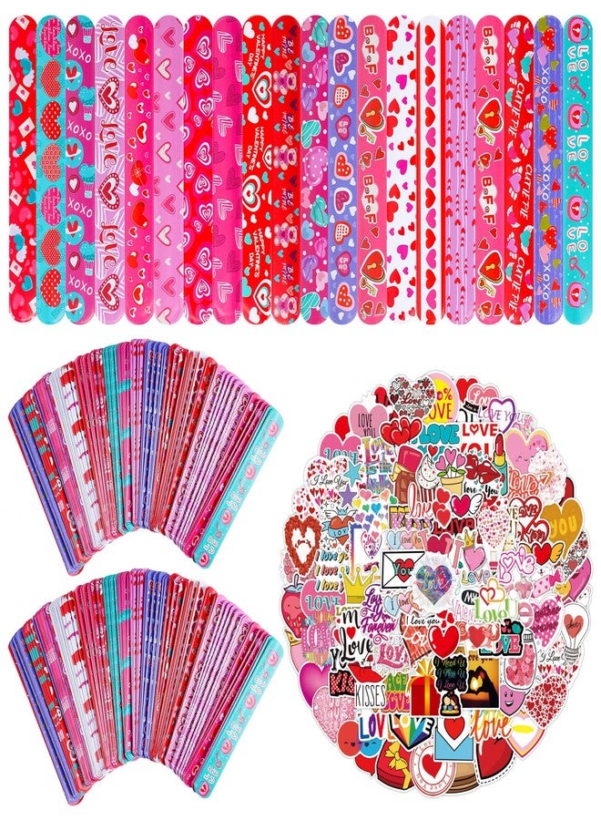 Kolewo4ever 400 Pieces Valentines Day Gifts Set:200 Pieces Valentine Slap Bracelets Lovely Heart Slap Bracelets 200 Pieces Valentine Stickers for Party Supplies - Image 1