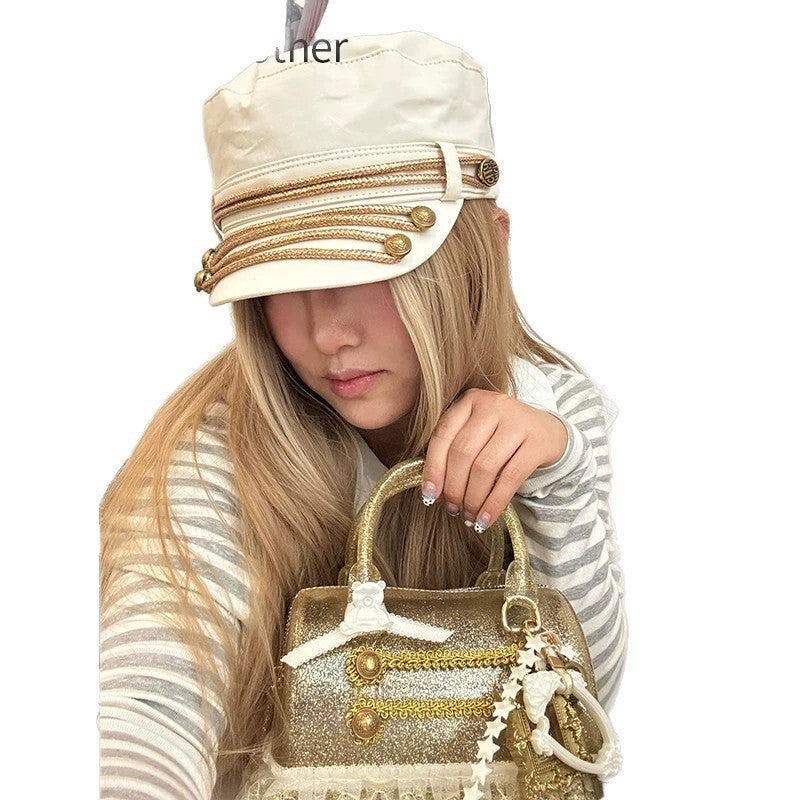 Vintage British Style Beret Hat with Gold Trim - Image 5