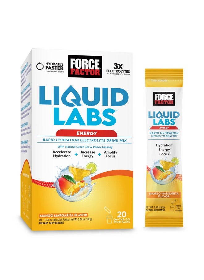 Force Factor Liquid Labs Energy Drink Electrolytes Powder Hydration Packets To Boost Energy & Focus 5 Essential Electrolytes Vitamins Minerals & Antioxidants Mango Margarita 20 Stick Packs  - Image 1