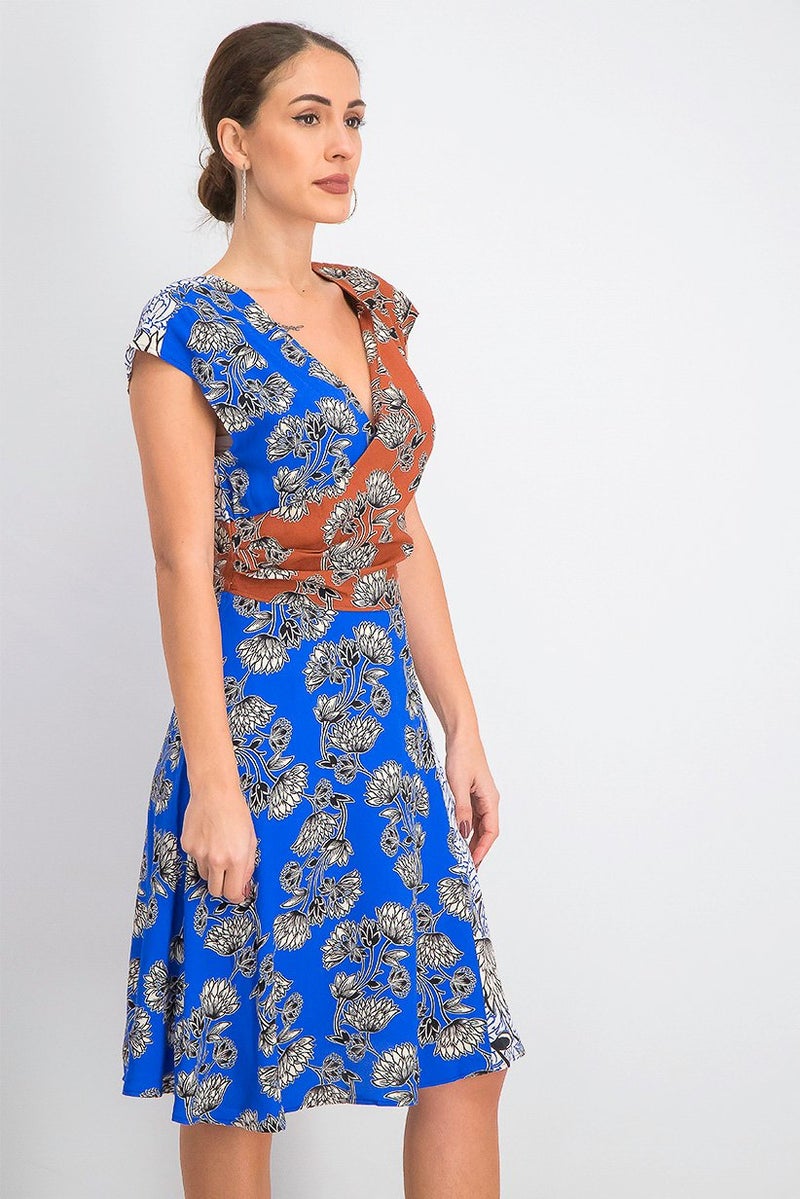 MANGO Women Printed Colorblock Dress, Blue and Brown - Image 2