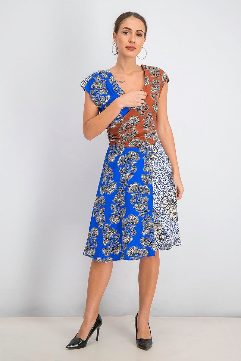 MANGO Women Printed Colorblock Dress, Blue and Brown - Image 4