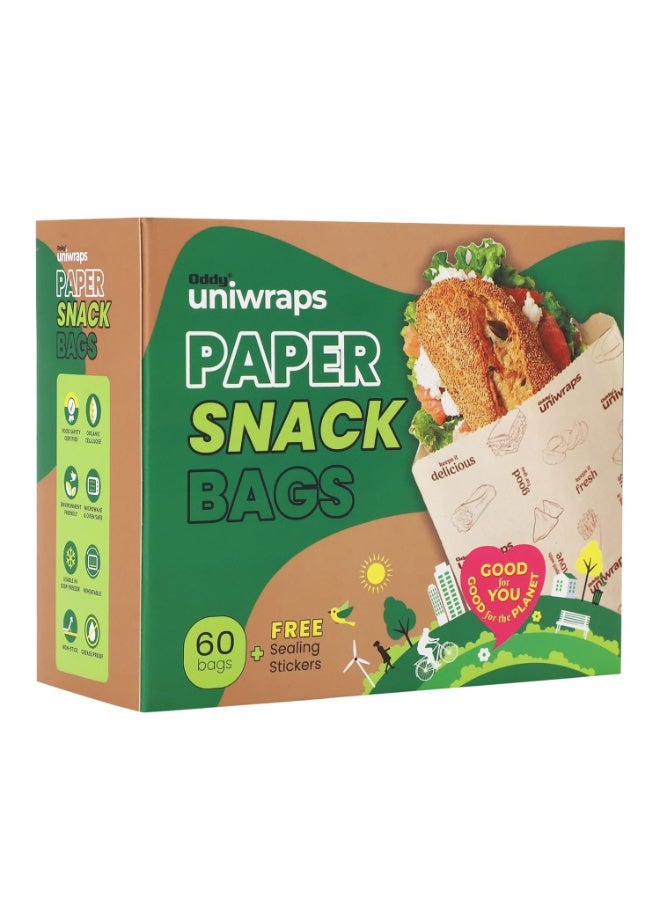 Oddy Uniwraps Multi-Purpose Paper Snack Bags with Sealing Stickers | Pack of 60 Bags, 8x5.5 Inch Each - Image 1