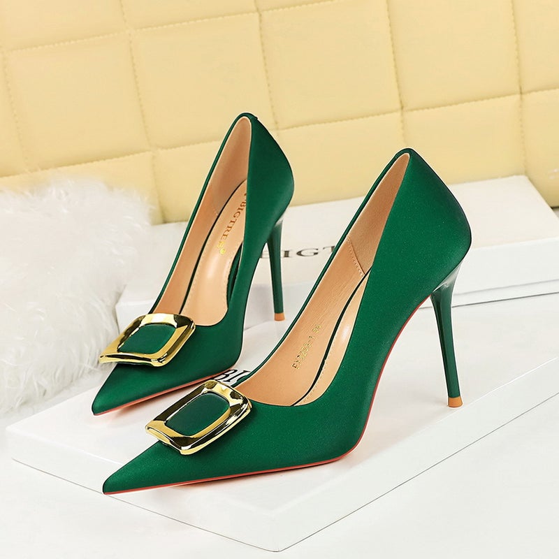 3265-K7 Banquet Fashion High Heels Stiletto Shallow Mouth Pointed Toe Slimming Look Metal Buckle High-Heeled Shoes - Image 3