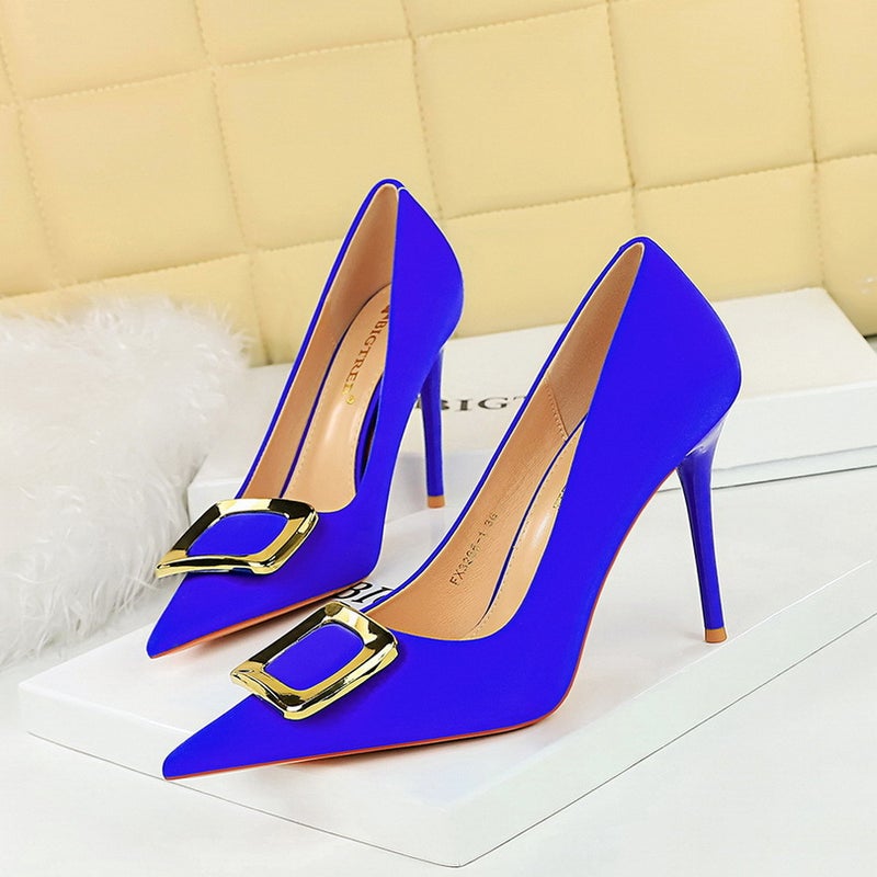 3265-K7 Banquet Fashion High Heels Stiletto Shallow Mouth Pointed Toe Slimming Look Metal Buckle High-Heeled Shoes - Image 1