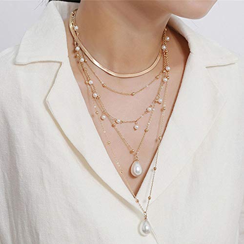 fxmimior Boho 5 Tier Gold Punk Chain Layered Necklace Dainty Pearls Pearls Pendant Long Choker Necklaces for Women - Image 3