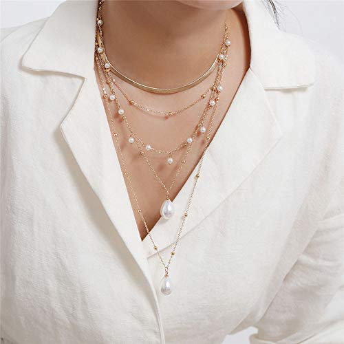fxmimior Boho 5 Tier Gold Punk Chain Layered Necklace Dainty Pearls Pearls Pendant Long Choker Necklaces for Women - Image 2