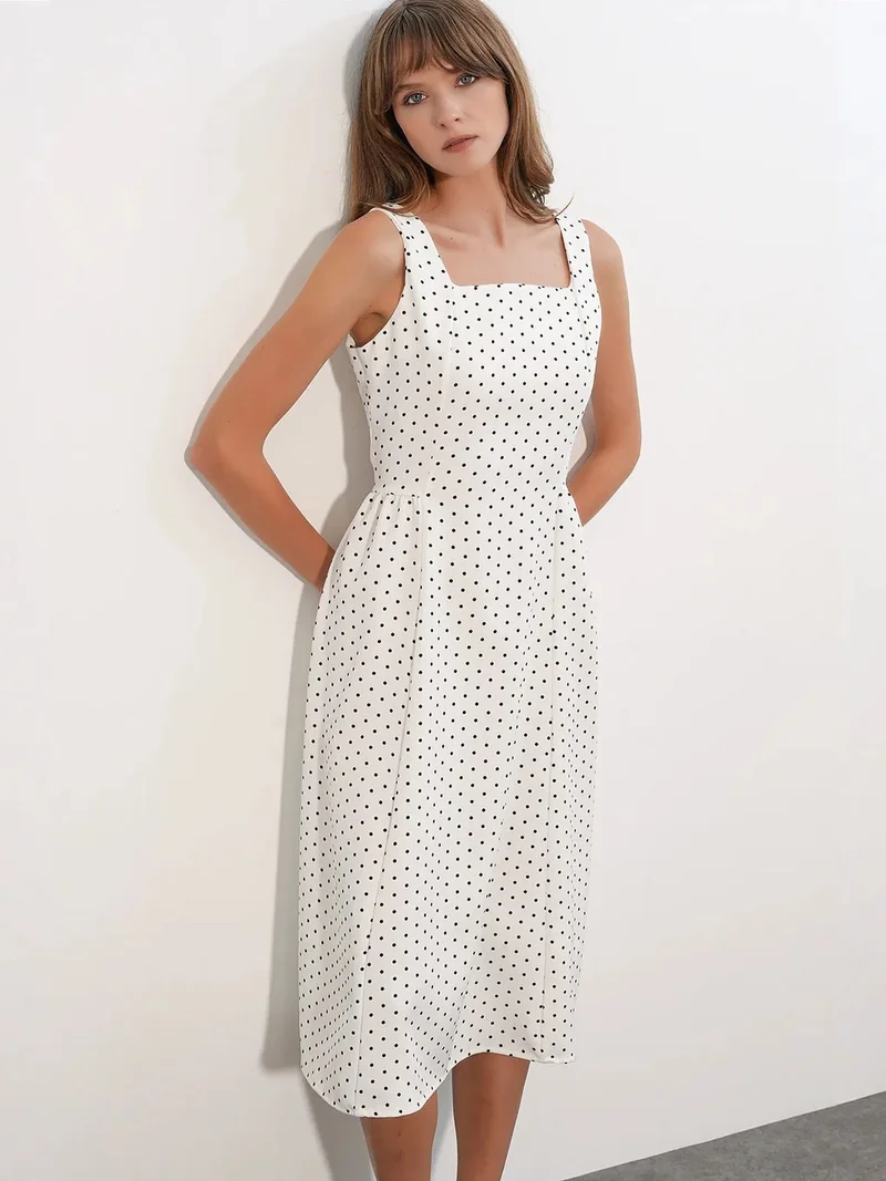 Big Dart Dusty White BDART Polka Dot A-Line Midi Dress for Women | Best Price UAE