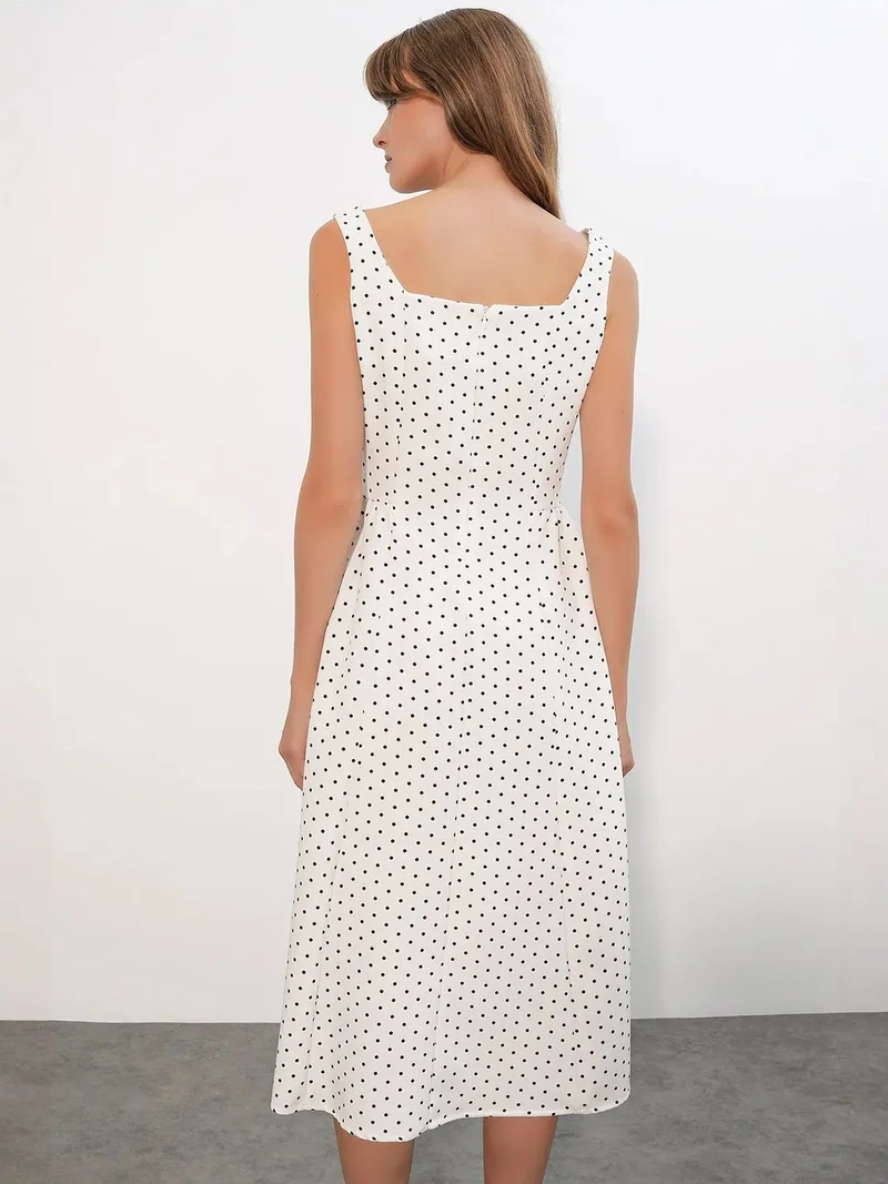 Big Dart Dusty White BDART Polka Dot A-Line Midi Dress for Women | Best Price UAE