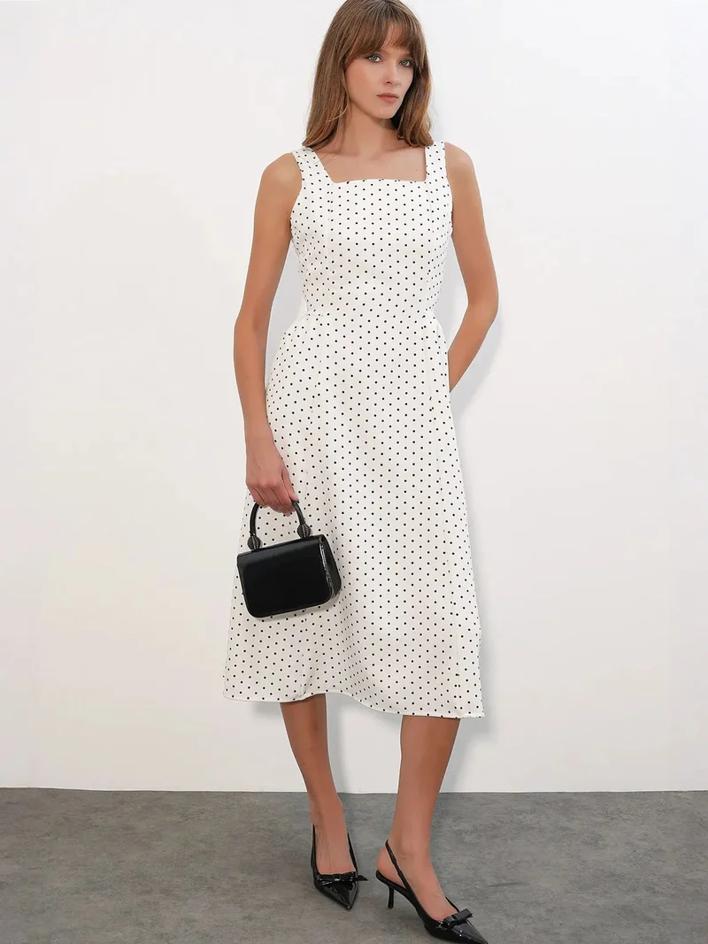 Big Dart Dusty White BDART Polka Dot A-Line Midi Dress for Women | Best Price UAE