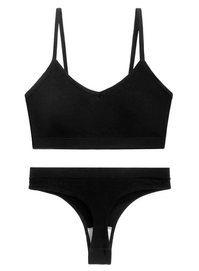 Loquat Women's Solid Color Lingerie Set 2-piece Seamless Wireless Bra+Low Waisted Thong Shorts Sport Suit Black 