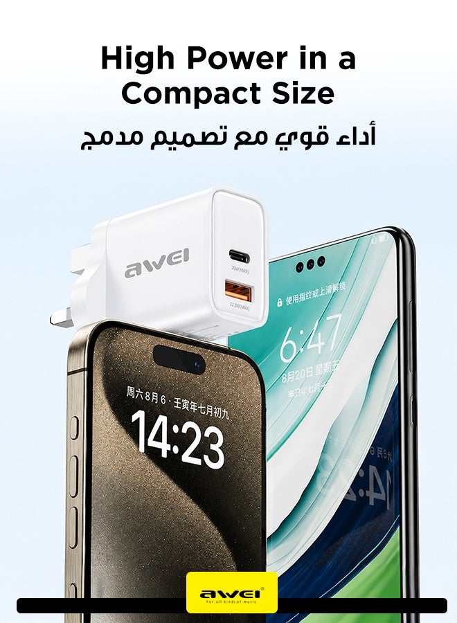 أوي شاحن حائط 22.5 واط مع قابس بريطاني - شاحن حائط مزدوج المنفذ (USB-C + USB-A)، يدعم الشحن السريع QC2.0/ QC3.0/ FCP/ AFC/ و SCP، متوافق مع الهواتف الذكية، والأجهزة اللوحية، والمزيد، مدمج وسهل الحمل - Image 4