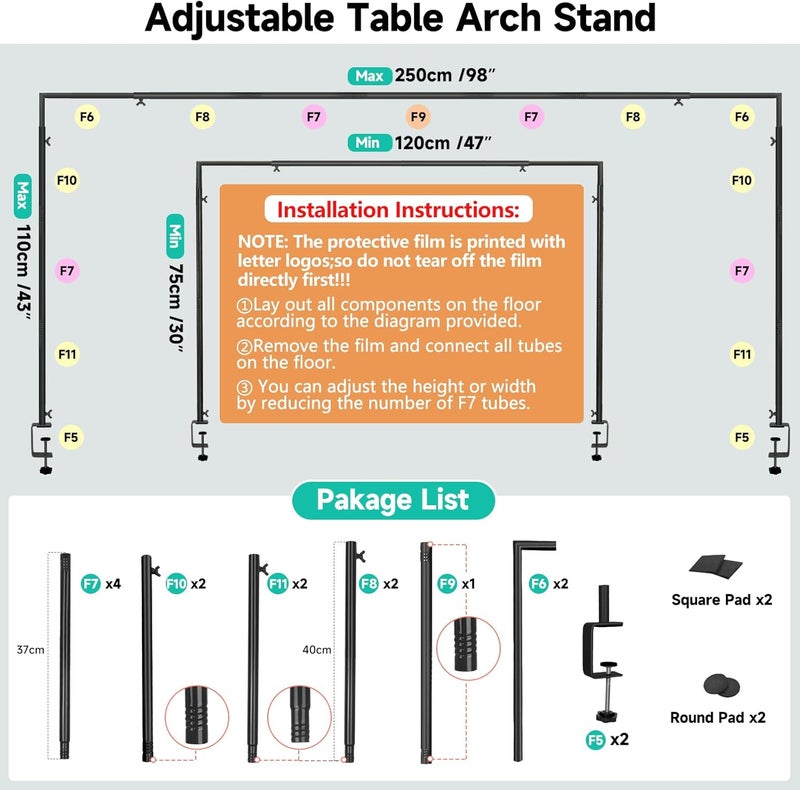 JEBUTU حامل قضيب فوق الطاولة مع مشابك قابل للتعديل 30"-43" ارتفاع 47"-98" طول أسود قوس طاولة معلق لحفلات الزفاف وأعياد الميلاد وهالوين وعيد الميلاد - Image 3