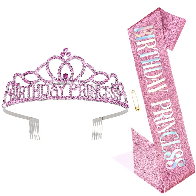 CIEHER Pink Princess Birthday Crown and Birthday Sash Set Birthday Girl Crown Birthday Tiara for Women Birthday Decorations for Girls Rhinestone Princess Party Decorations Birthday Gifts