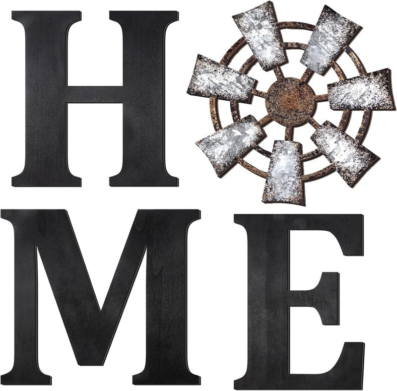Qunclay 4 Pcs Windmill Wall Decor Wooden Home Letters Decoration Rustic Farmhouse Home Hanging Wood Sign Farmhouse Wall Decor for Living Room Kitchen Bedroom PorchBlack - Image 1