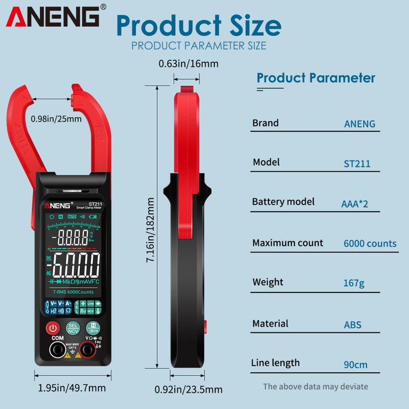 مقياس تيار متصل بالملمس الرقمي ANENG ST211 6000 عدادًا، مقياس تيار متردد 400 أمبير، مقياس متعدد النطاقات التلقائي، مقياس الجهد مع ضوء خلفي، مقياس ملمس، اختبار NCV، مقياس تيار متصل بالملمس، مقياس عالمي، جهاز اختبار لقياس درجة الحرارة - Image 5