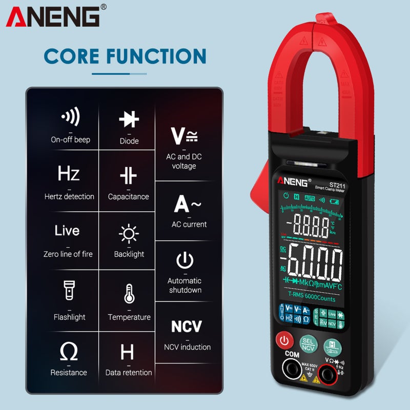 مقياس تيار متصل بالملمس الرقمي ANENG ST211 6000 عدادًا، مقياس تيار متردد 400 أمبير، مقياس متعدد النطاقات التلقائي، مقياس الجهد مع ضوء خلفي، مقياس ملمس، اختبار NCV، مقياس تيار متصل بالملمس، مقياس عالمي، جهاز اختبار لقياس درجة الحرارة - Image 3