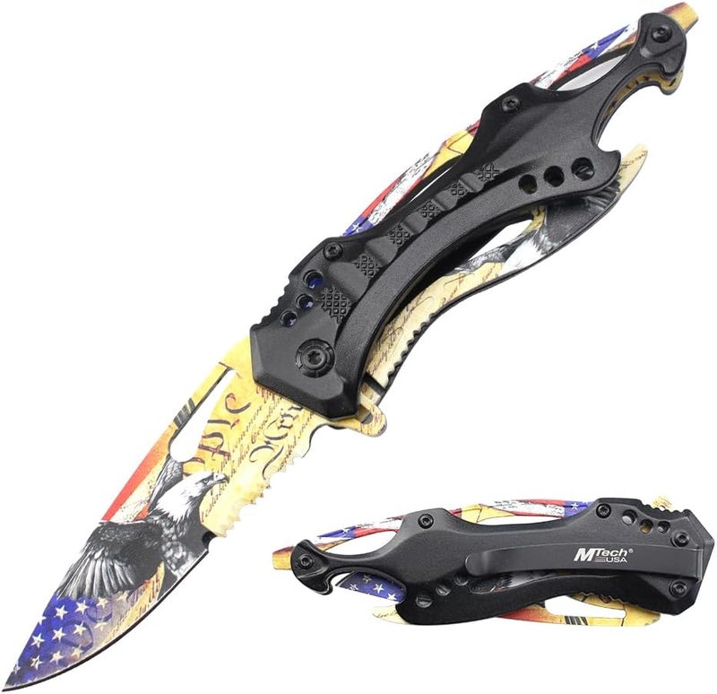 MTECH USA Folding Knife, 3.75-Inch Half-Serrated Blade, Titanium Coating, Glass Breaker, Pocket Clip - Image 1