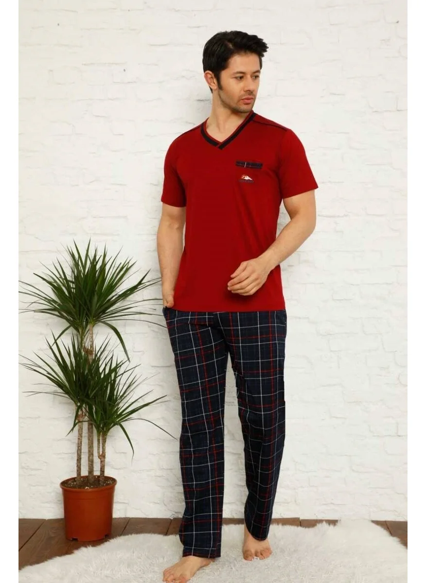 Bie'S Men's Plaid Pattern V Neck Buttonless 100% Cotton Short Sleeve Pocket Pajama Set
