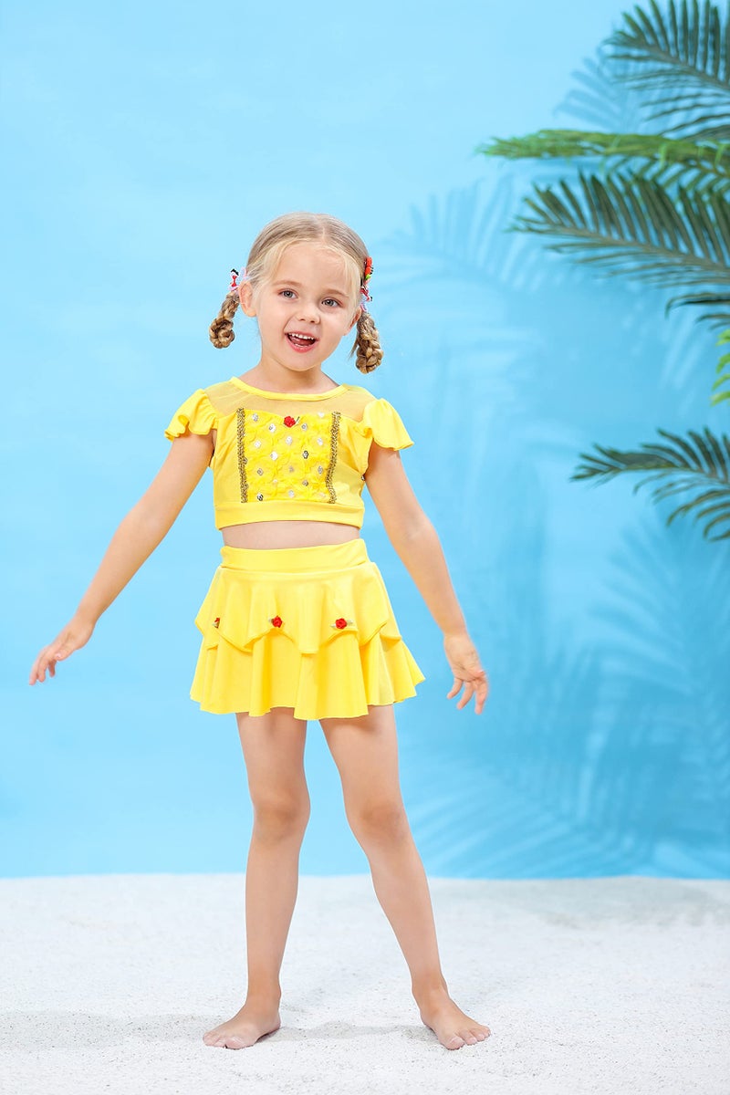 WonderBabe Princess Two-Piece Swimsuit for Girls Ruffles Sleeve Bathing Suit Princess 2-Piece Tankini Swimwear 3-4T Yellow - Image 2