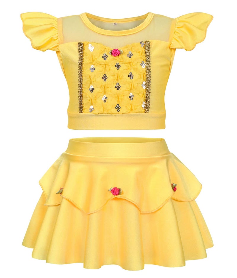 WonderBabe Princess Two-Piece Swimsuit for Girls Ruffles Sleeve Bathing Suit Princess 2-Piece Tankini Swimwear 3-4T Yellow - Image 1