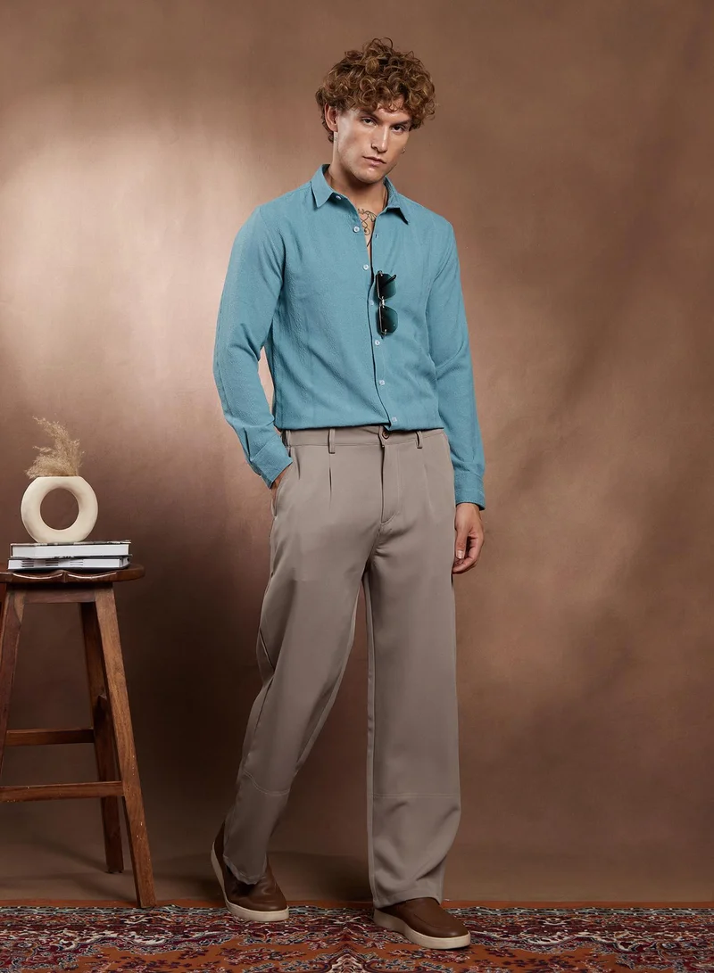 Campus Sutra Campus Sutra Men's Sky Blue Freeform-Textured Shirt For Casual Wear | Spread Collar | Long Cuffed Sleeves | Button Closure | Shirt Crafted With Comfort Fit For Everyday Wear