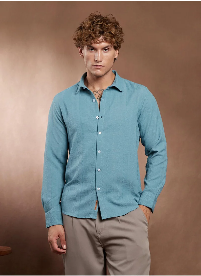 Campus Sutra Campus Sutra Men's Sky Blue Freeform-Textured Shirt For Casual Wear | Spread Collar | Long Cuffed Sleeves | Button Closure | Shirt Crafted With Comfort Fit For Everyday Wear