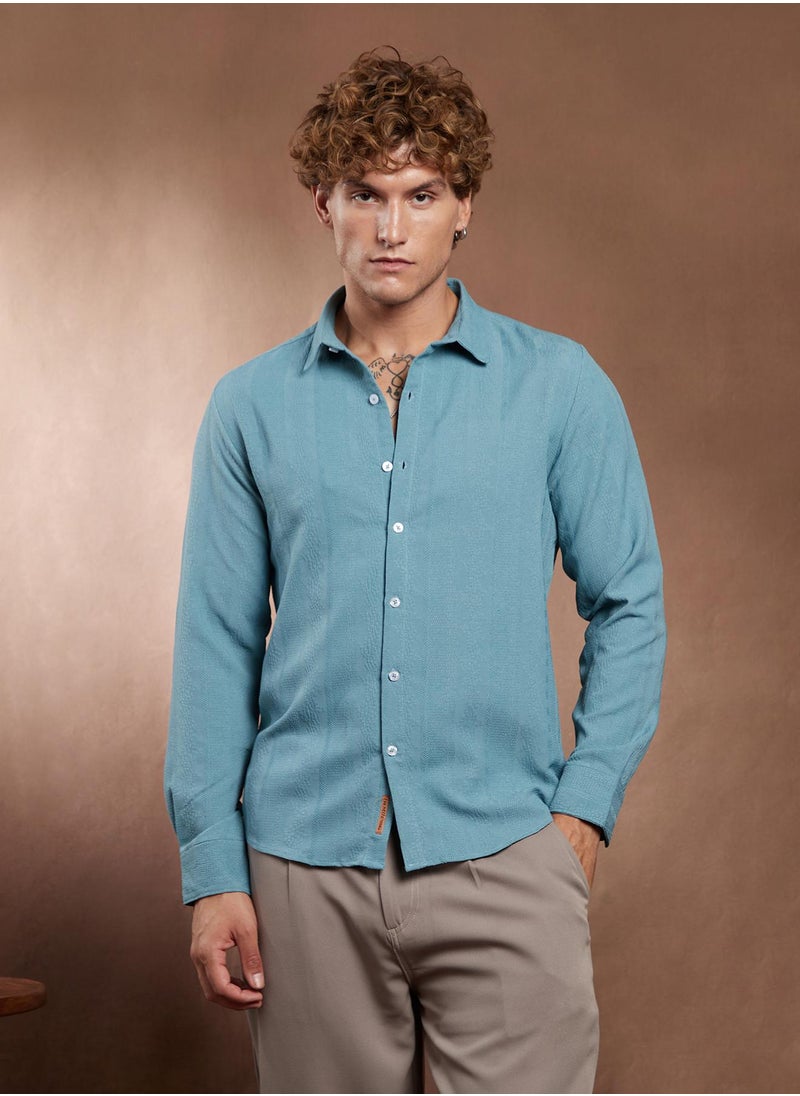 Campus Sutra Campus Sutra Men's Sky Blue Freeform-Textured Shirt For Casual Wear | Spread Collar | Long Cuffed Sleeves | Button Closure | Shirt Crafted With Comfort Fit For Everyday Wear  - Image 2