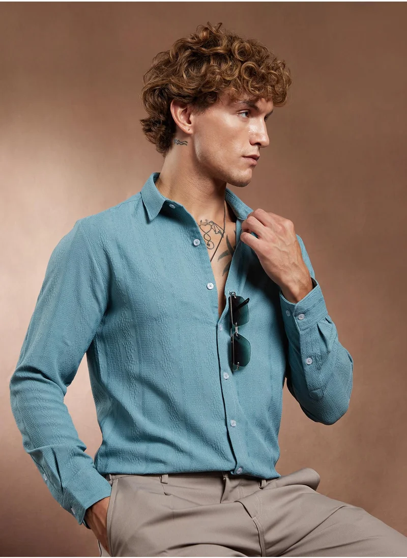 Campus Sutra Campus Sutra Men's Sky Blue Freeform-Textured Shirt For Casual Wear | Spread Collar | Long Cuffed Sleeves | Button Closure | Shirt Crafted With Comfort Fit For Everyday Wear
