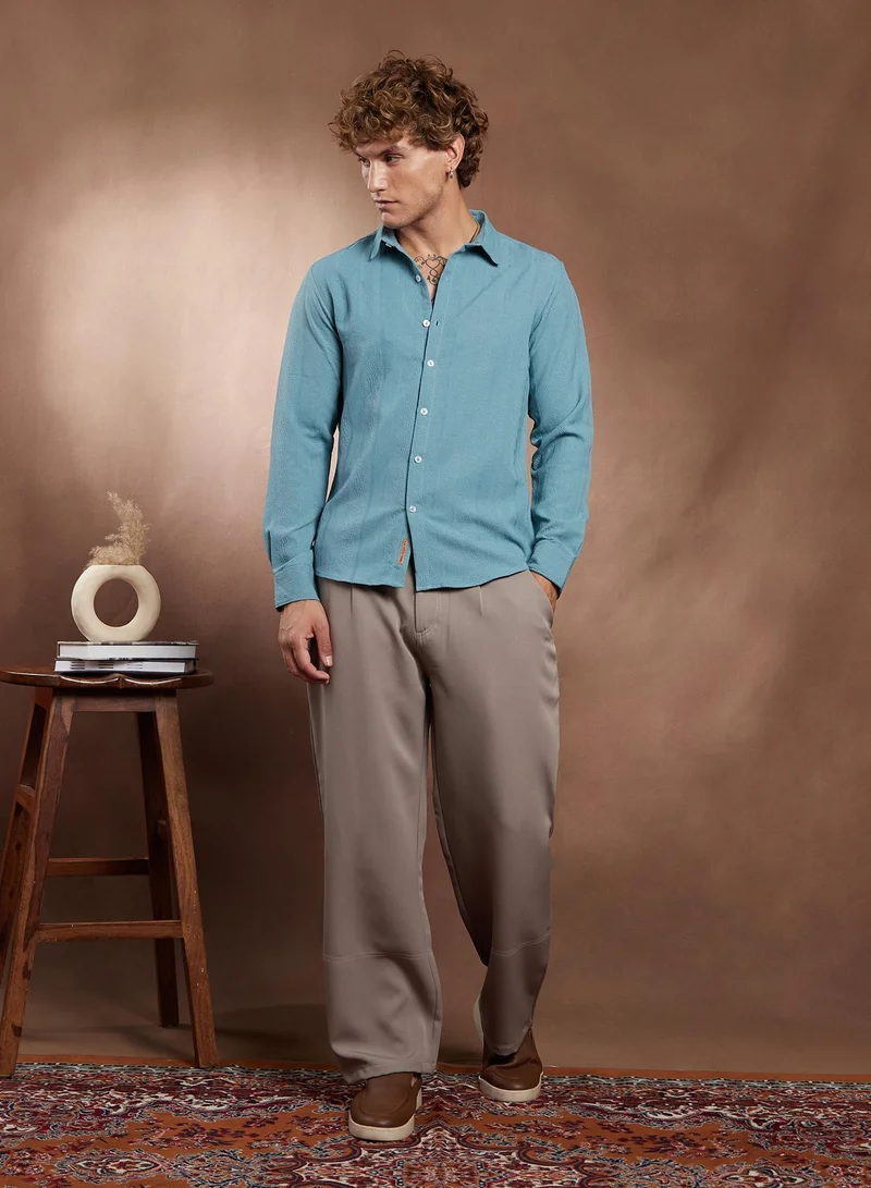 Campus Sutra Campus Sutra Men's Sky Blue Freeform-Textured Shirt For Casual Wear | Spread Collar | Long Cuffed Sleeves | Button Closure | Shirt Crafted With Comfort Fit For Everyday Wear