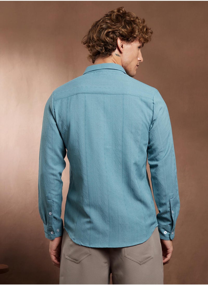 Campus Sutra Campus Sutra Men's Sky Blue Freeform-Textured Shirt For Casual Wear | Spread Collar | Long Cuffed Sleeves | Button Closure | Shirt Crafted With Comfort Fit For Everyday Wear  - Image 5