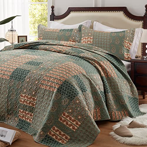 LEAONME 3 Pieces California King Size Quilt Set Olive Green Oversized 120x120 Inch Bedspread Coverlet Lightweight Microfiber Paisley Bed Cover for All Seasons (1 Quilt, 2 Pillow Shams) - Image 1