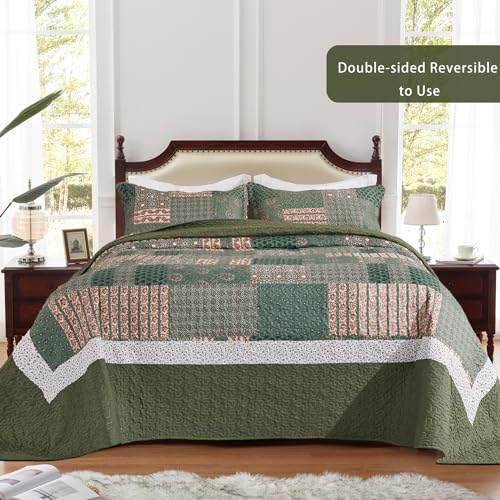 LEAONME 3 Pieces California King Size Quilt Set Olive Green Oversized 120x120 Inch Bedspread Coverlet Lightweight Microfiber Paisley Bed Cover for All Seasons (1 Quilt, 2 Pillow Shams) - Image 2